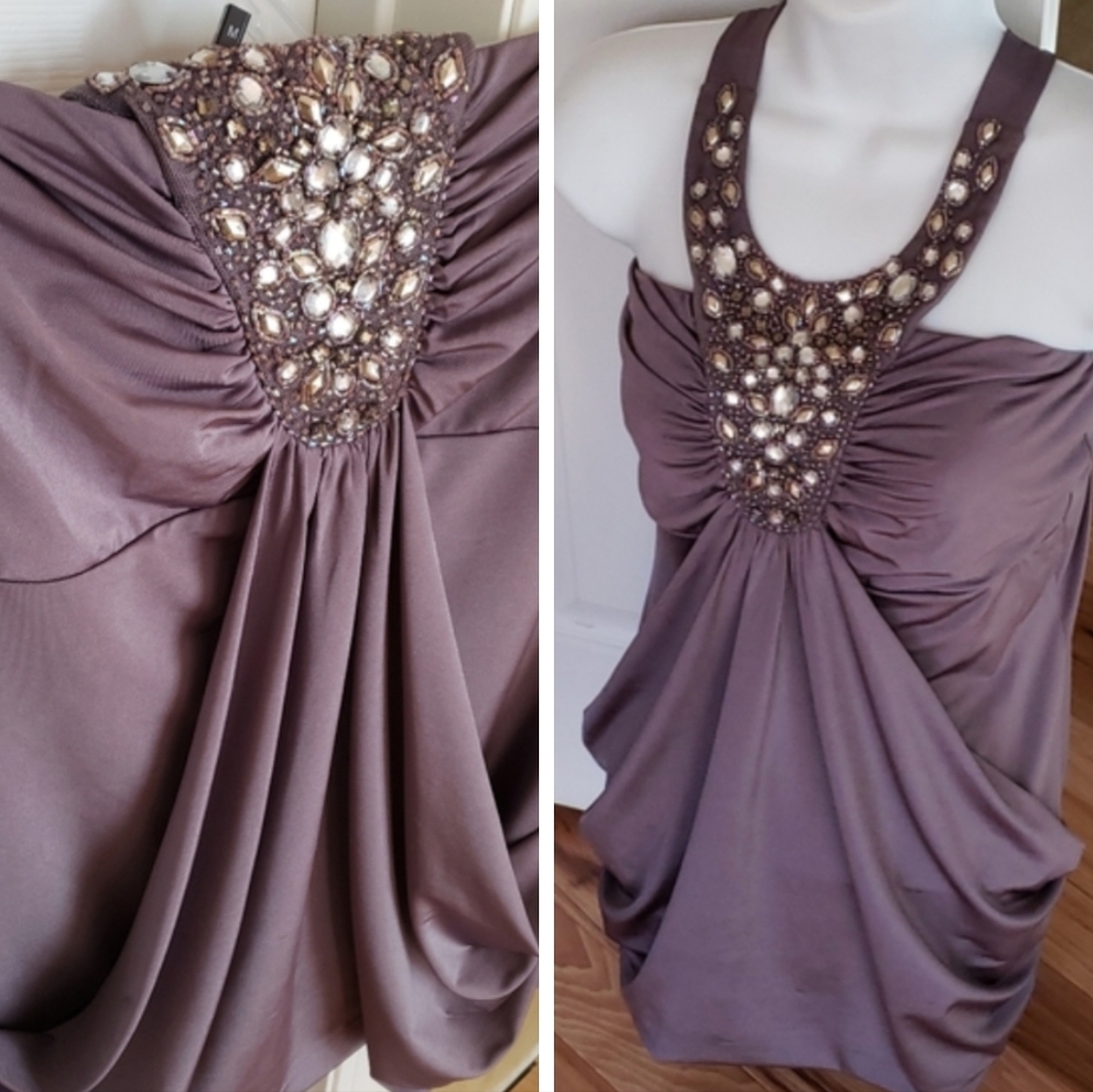 Studio Y Flattering Blouse Crystal Neckline with ties purplish gray New